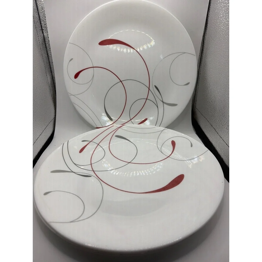 4 Corelle SPLENDOR DINNER PLATES Corning Red + Gray Swirls 10 1/4